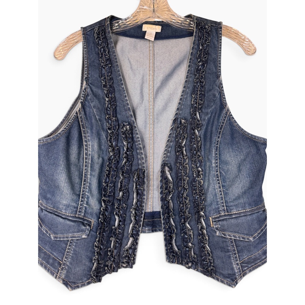 Chicos Denim Vest Womens 1 Medium Wash Ruffle Trim Open Front Cropped Blue 1210